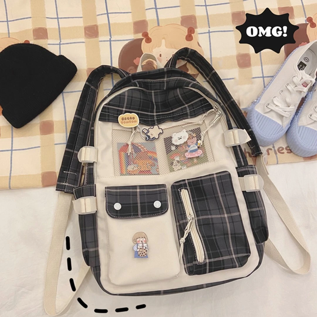 Apparel Kawaii Large Checked Multi-Pocket Backpack - Image 4