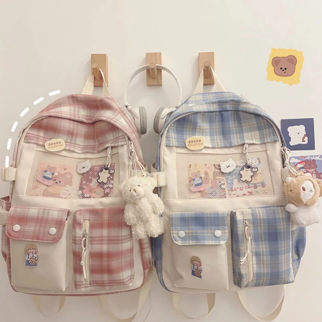Apparel Kawaii Large Checked Multi-Pocket Backpack