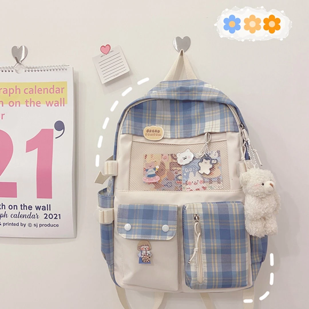 Apparel Kawaii Large Checked Multi-Pocket Backpack - Image 7