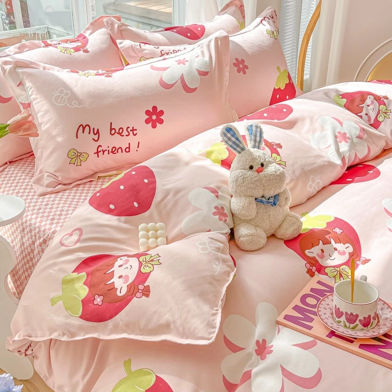 Kawaii Strawberry Print 120gsm Polyester Bedding Sets - Image 9