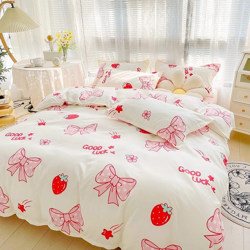 Kawaii Strawberry Print 120gsm Polyester Bedding Sets - Image 13
