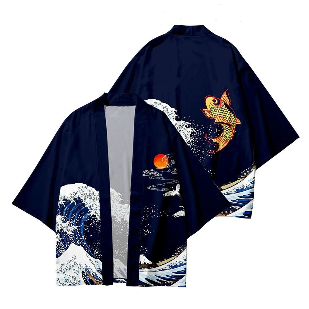 Apparel Kimono Japanese Great Wave And Mighty Koi - Image 3