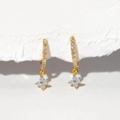 Mini Dangling Blue Flower Gold-Plated Earrings