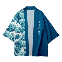 Apparel Navy Great Wave Off Kanagawa Half Half Unisex Kimono