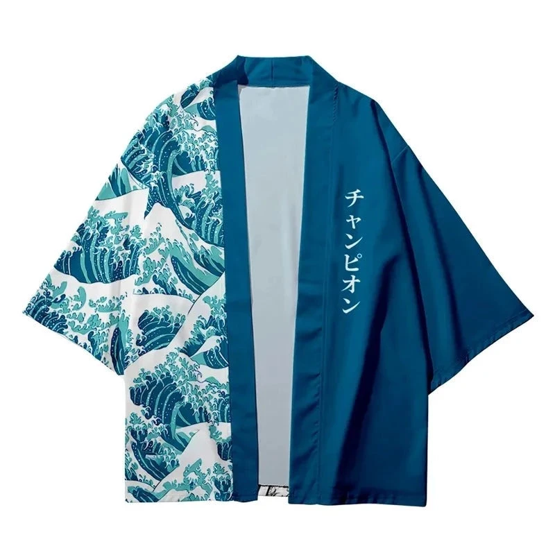 Apparel Navy Great Wave Off Kanagawa Half Half Unisex Kimono