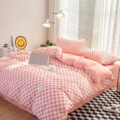 Pastel Pink Purple Checked Plaid Bedding Set