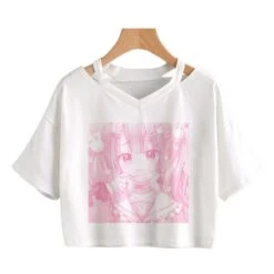 Apparel Pink Anime Girl Print V-neck Crop Top Tee