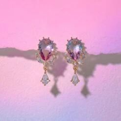 Pink Blue Reverse Teardrop Gold-Plated Stud Earrings