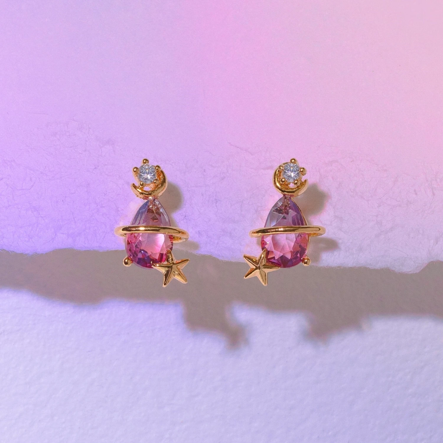 Pink Blue Teardrop Gold-Plated Stud Earrings - Image 6
