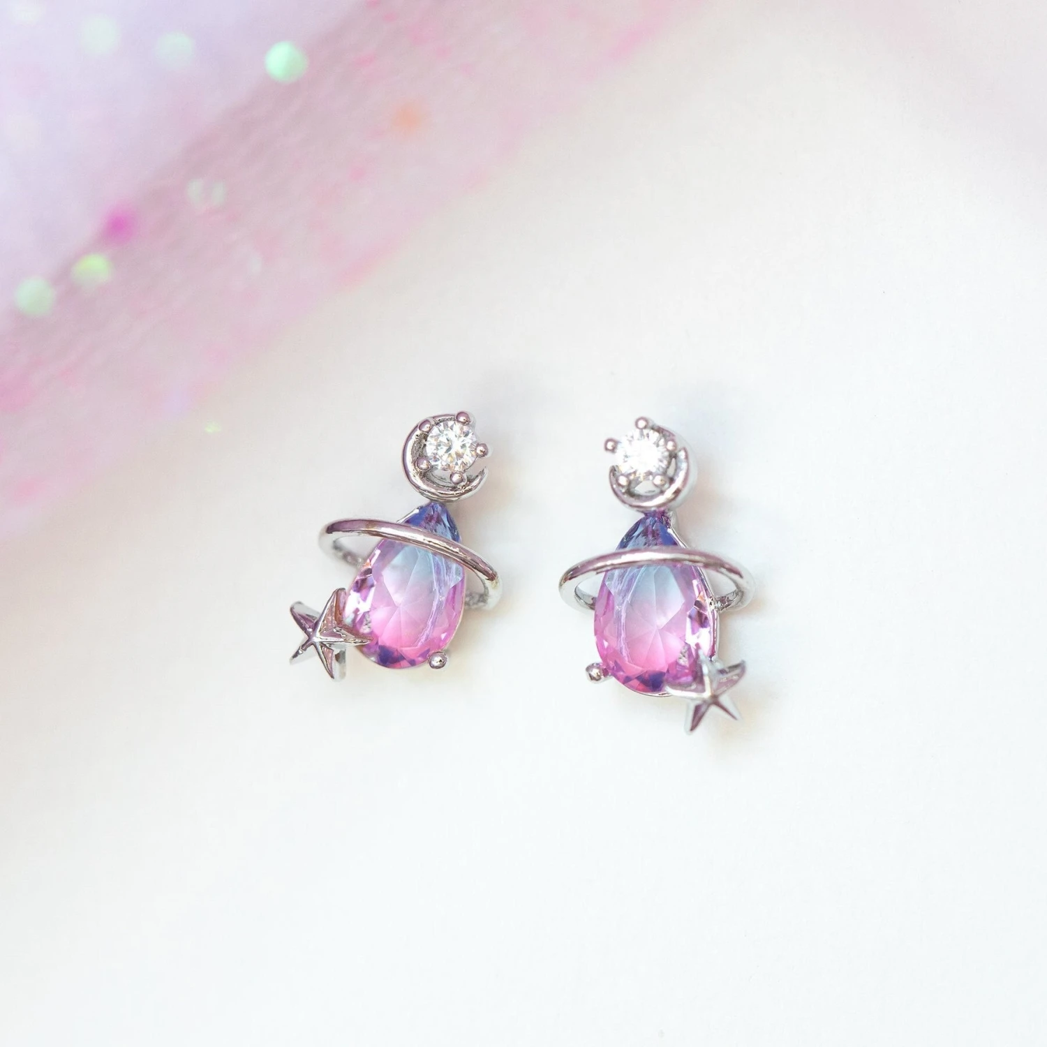 Pink Blue Teardrop Gold-Plated Stud Earrings - Image 3