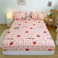 Pink Bunny Brown Bear Strawberry Checked Cotton Bedsheets