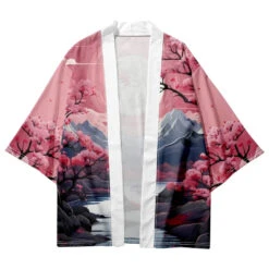 Apparel Pink Japanese-themed Sakura Mountains Unisex Kimono