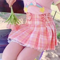 Apparel Pink Plaid Pleated Short Korean Fashion Skirt With Lace & Bow
