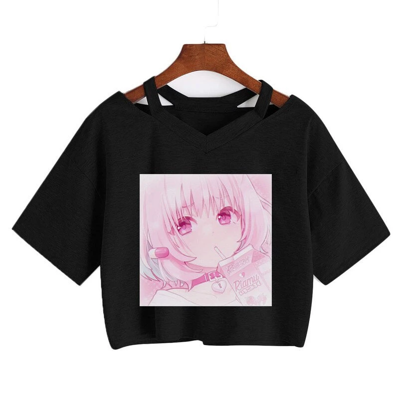 Apparel Pink Riamu Cute Anime Girl Print V-neck Crop Top Tee - Image 3