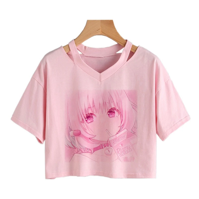 Apparel Pink Riamu Cute Anime Girl Print V-neck Crop Top Tee - Image 2