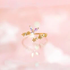 Rainbow Butterfly Floral Gold-plated Adjustable Ring