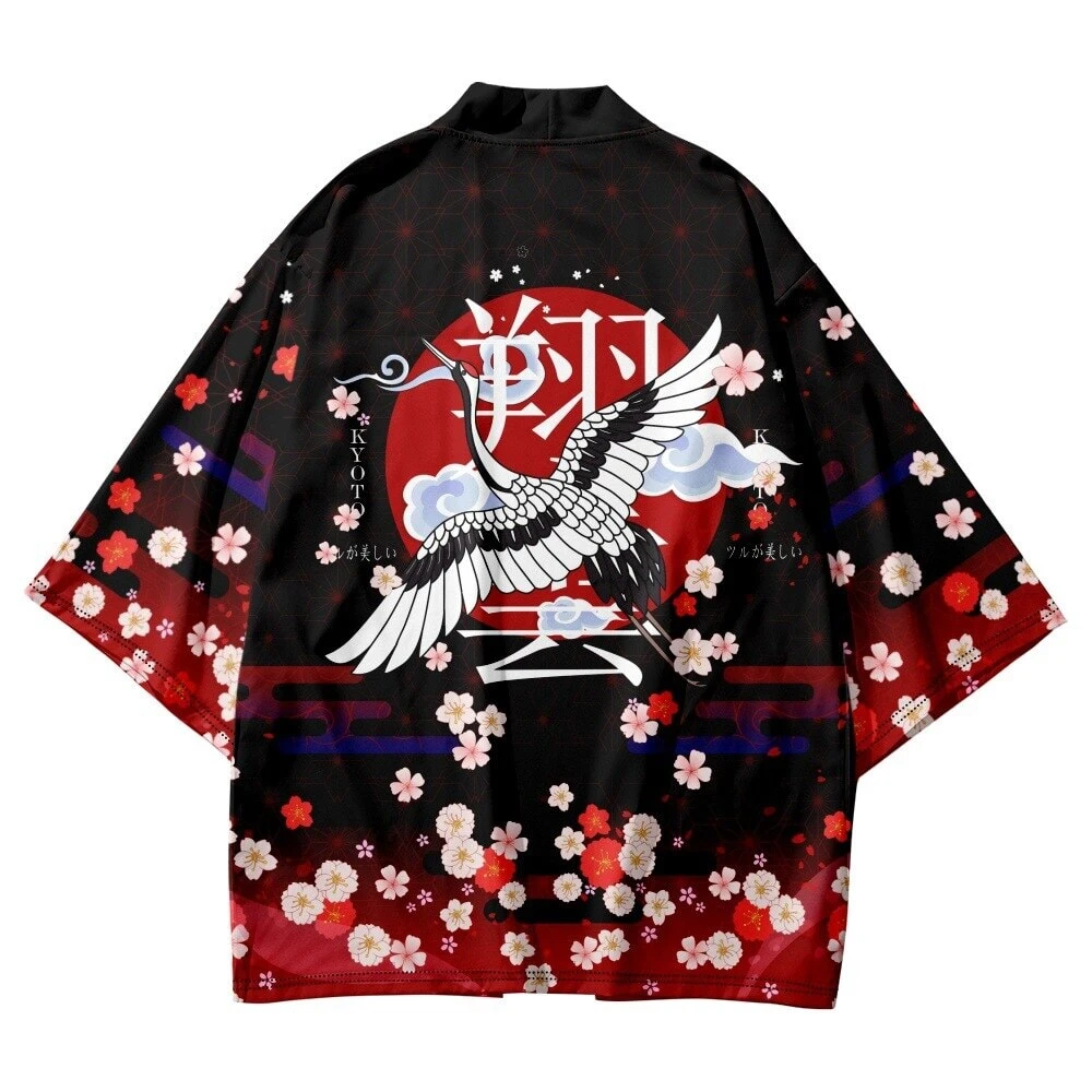 Apparel Royal White Crane Blood Moon Sakura Unisex Kimono