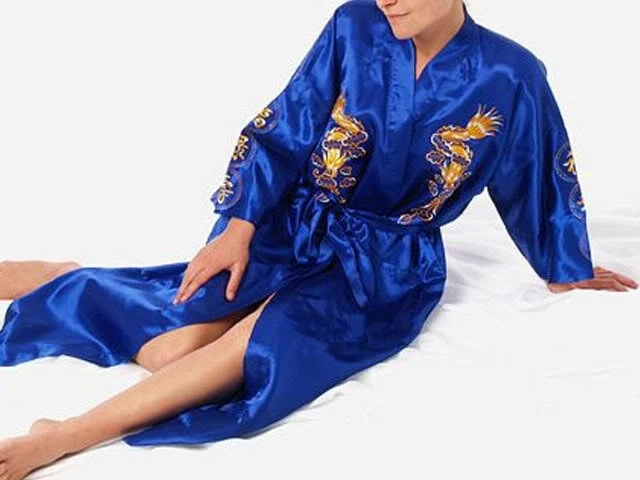 Apparel Satin Silk Golden Dragon Embroidery Long Kimono Gown - Image 4