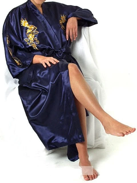 Apparel Satin Silk Golden Dragon Embroidery Long Kimono Gown - Image 3