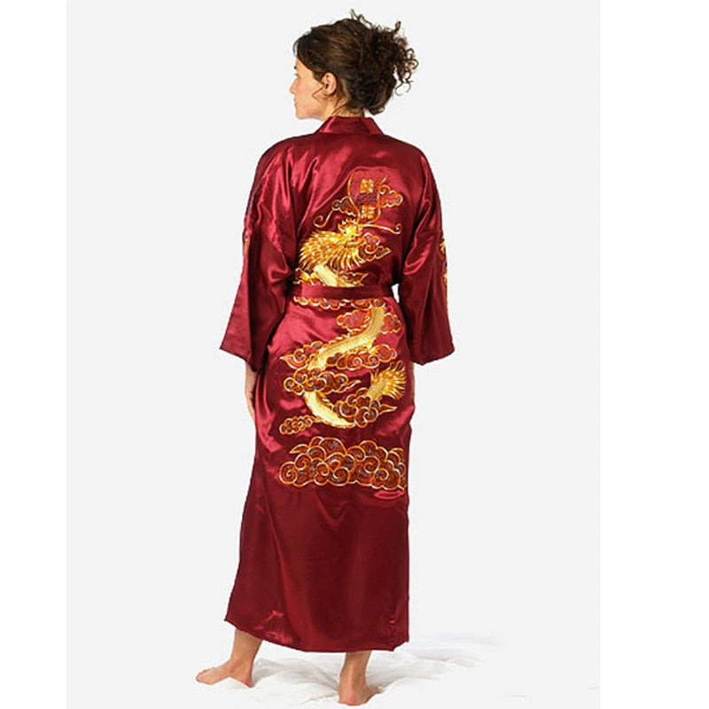 Apparel Satin Silk Golden Dragon Embroidery Long Kimono Gown - Image 8