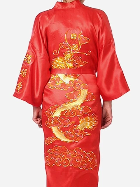 Apparel Satin Silk Golden Dragon Embroidery Long Kimono Gown - Image 7