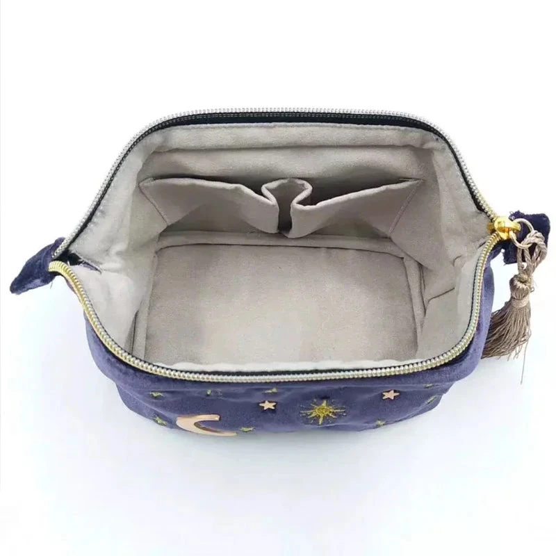 Apparel Starry Night Velvet Embroidery Cosmetic Travel Makeup Bag - Image 5