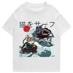 Apparel Two Samurai Cats Battling On Waves Unisex Tee