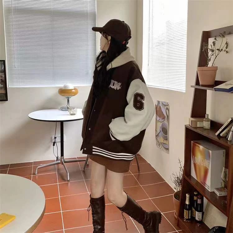 Apparel 'Unspecified' Six Patch Striped Burgundy Brown Women's Varsity Jacket - Image 4