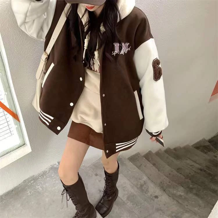 Apparel 'Unspecified' Six Patch Striped Burgundy Brown Women's Varsity Jacket - Image 6