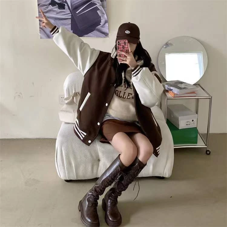 Apparel 'Unspecified' Six Patch Striped Burgundy Brown Women's Varsity Jacket - Image 7