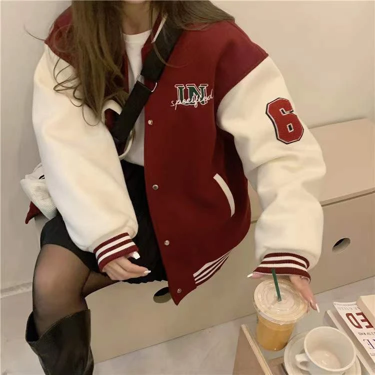 Apparel 'Unspecified' Six Patch Striped Burgundy Brown Women's Varsity Jacket - Image 12