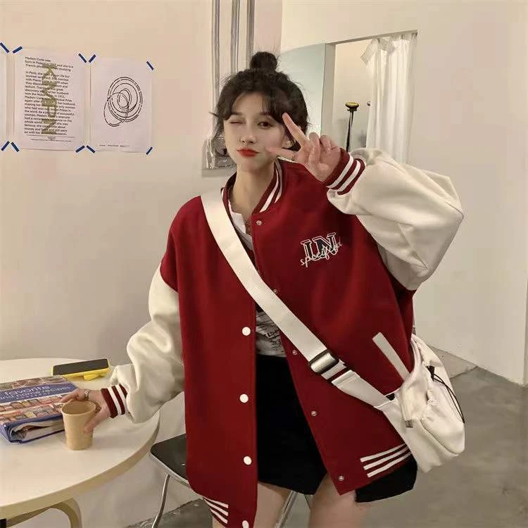 Apparel 'Unspecified' Six Patch Striped Burgundy Brown Women's Varsity Jacket - Image 9