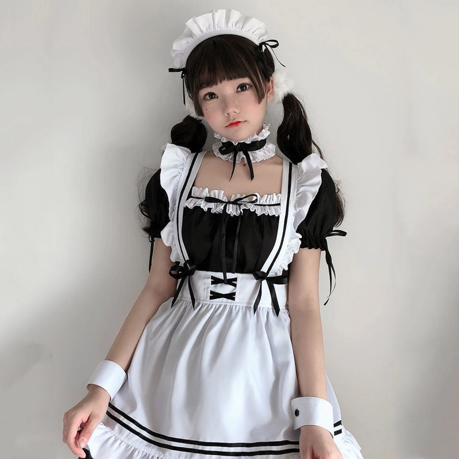 Apparel White Black Striped Lolita Maid Cosplay Women's Dress - Image 6