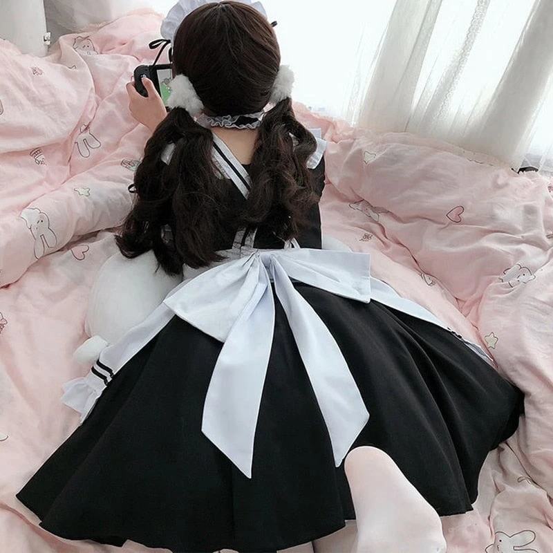 Apparel White Black Striped Lolita Maid Cosplay Women's Dress - Image 5