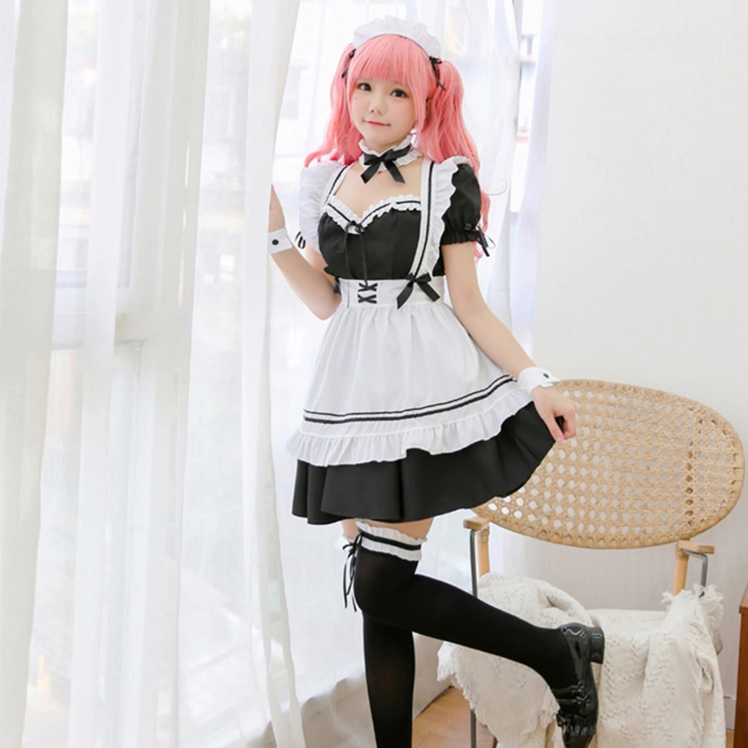 Apparel White Black Striped Lolita Maid Cosplay Women's Dress - Image 4