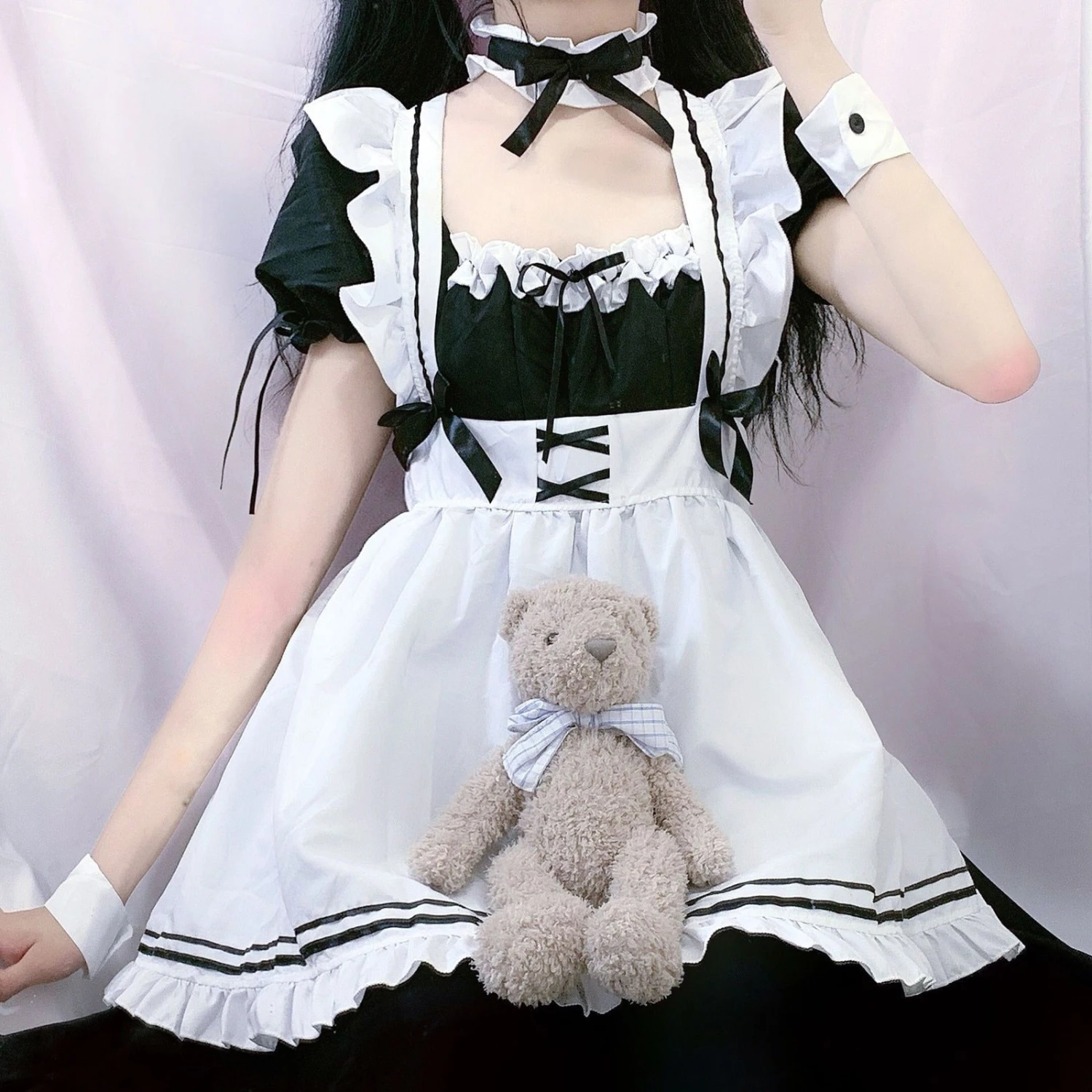 Apparel White Black Striped Lolita Maid Cosplay Women's Dress - Image 9