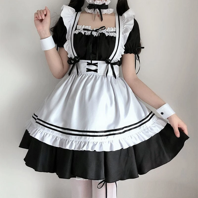 Apparel White Black Striped Lolita Maid Cosplay Women's Dress - Image 7