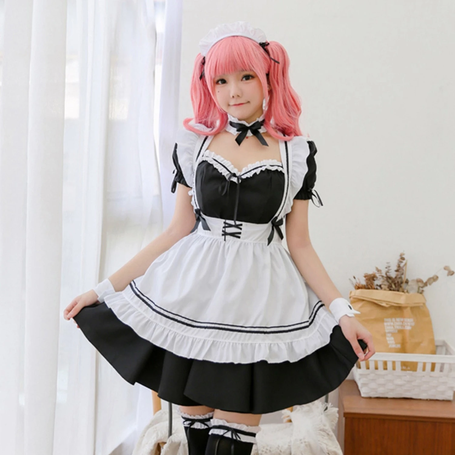 Apparel White Black Striped Lolita Maid Cosplay Women's Dress - Image 2