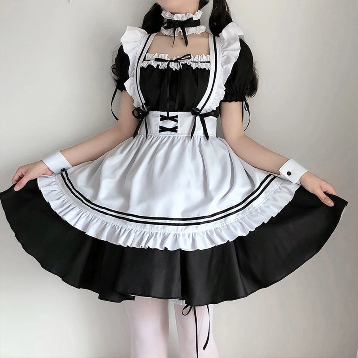 Apparel White Black Striped Lolita Maid Cosplay Women's Dress - Image 8