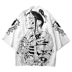 Apparel White Japanese-themed Skeleton Samurai Print Unisex Kimono