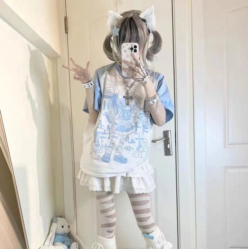 Apparel Y2K Harajuku Anime Punk Girl Black Blue Women's Top Tee - Image 8