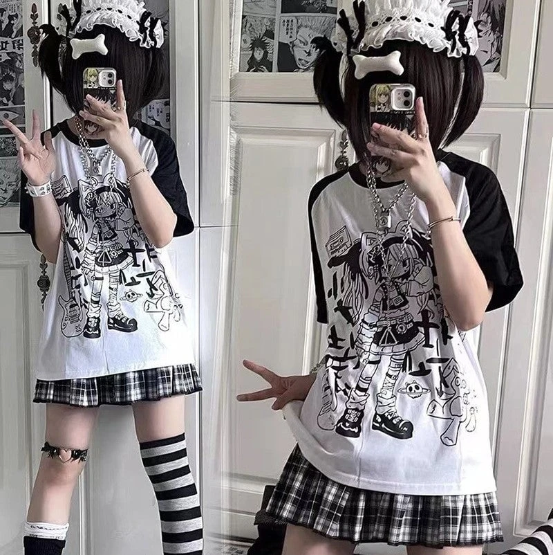 Apparel Y2K Harajuku Anime Punk Girl Black Blue Women's Top Tee