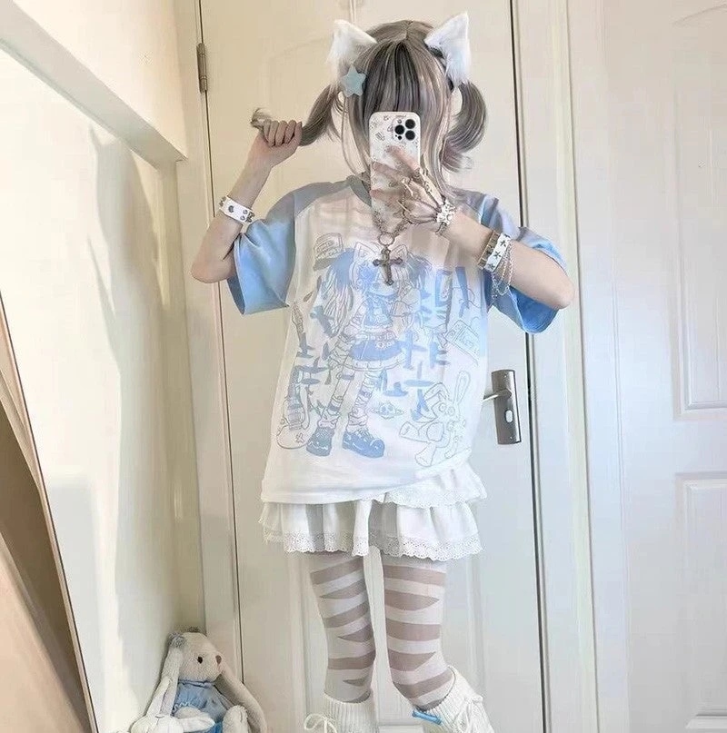 Apparel Y2K Harajuku Anime Punk Girl Black Blue Women's Top Tee - Image 6