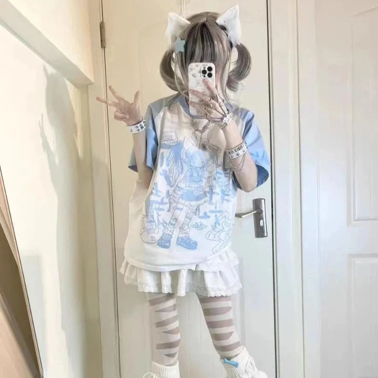 Apparel Y2K Harajuku Anime Punk Girl Black Blue Women's Top Tee - Image 5